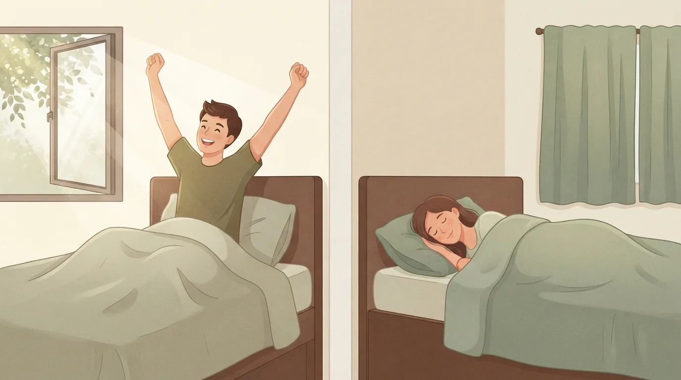 Two bedrooms side by side on the same morning: an early bird sitting up in bed and stretching his arms in sunlight from an open window, and a night owl still asleep under a sage-green duvet with the curtains closed