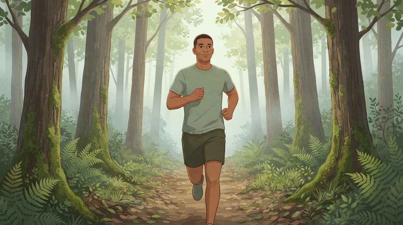 A man in a sage-green t-shirt jogging along a mossy forest trail in soft early-morning light, a morning workout that helps shift the body clock and bedtime earlier