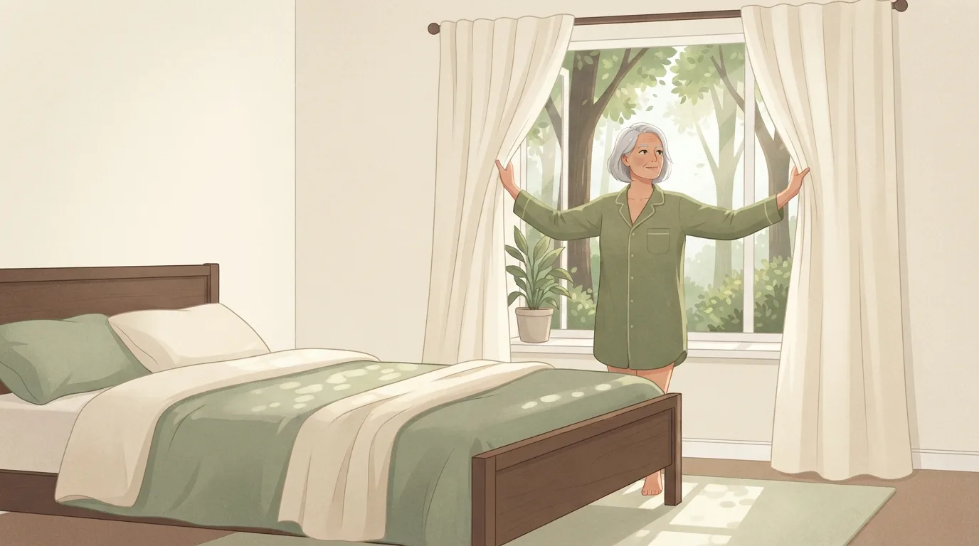 A woman in her fifties with short silver hair in a sage-green sleep shirt pulling open the curtains of her bedroom onto a leafy garden at sunrise, dappled morning light falling across the bed, the wake-up time that sets the best time to go to bed