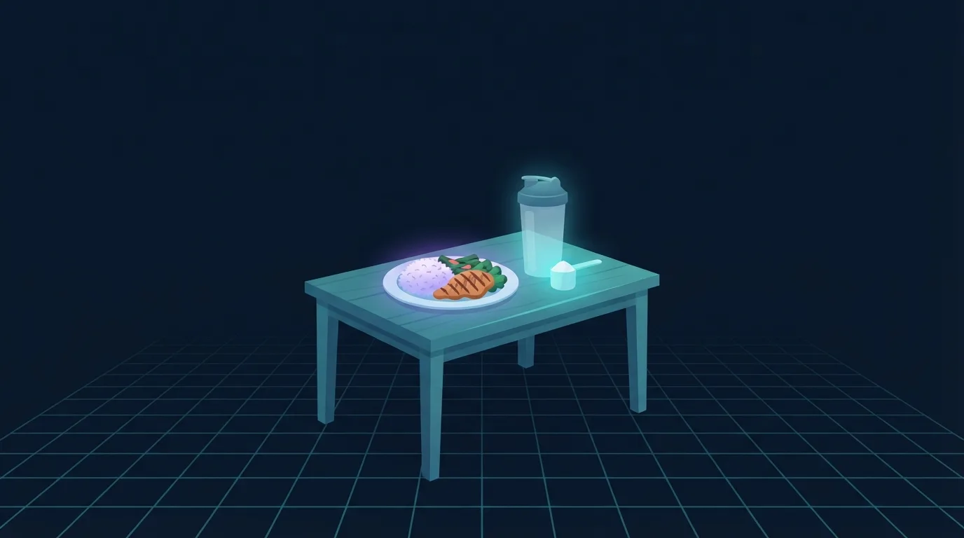 A plain table holding a plate of rice, chicken and vegetables beside a glowing unlabeled shaker bottle and a small scoop of white powder