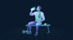 A lifter sitting on a bench after training, drinking from a plain shaker bottle with the shoulders, arms and quadriceps glowing, a dumbbell and a small scoop nearby