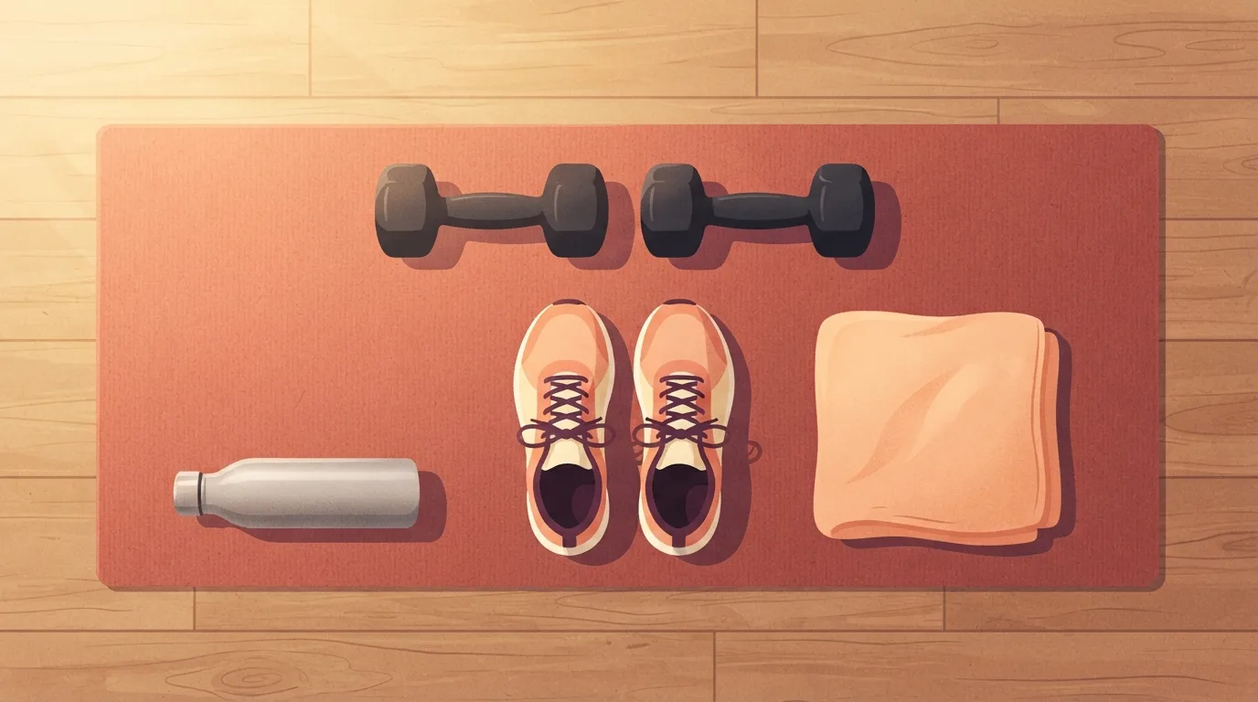 Overhead view of a home workout kit for weight loss laid out on an exercise mat in warm morning light: a pair of hexagonal dumbbells, running shoes, a water bottle and a folded towel