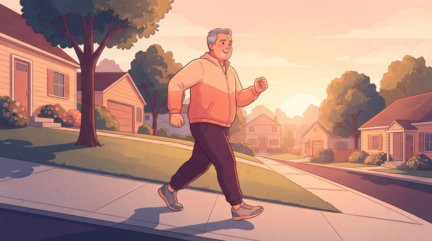 A middle-aged man walking briskly along a sloping neighborhood sidewalk at sunrise, arms swinging, in sneakers and a light jacket, doing the daily cardio that supports weight loss