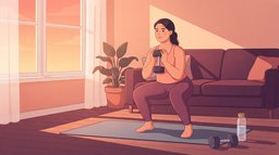 A woman doing a dumbbell goblet squat on an exercise mat in her living room at sunrise, a second dumbbell and a water bottle on the floor beside her, as part of a home strength workout for weight loss