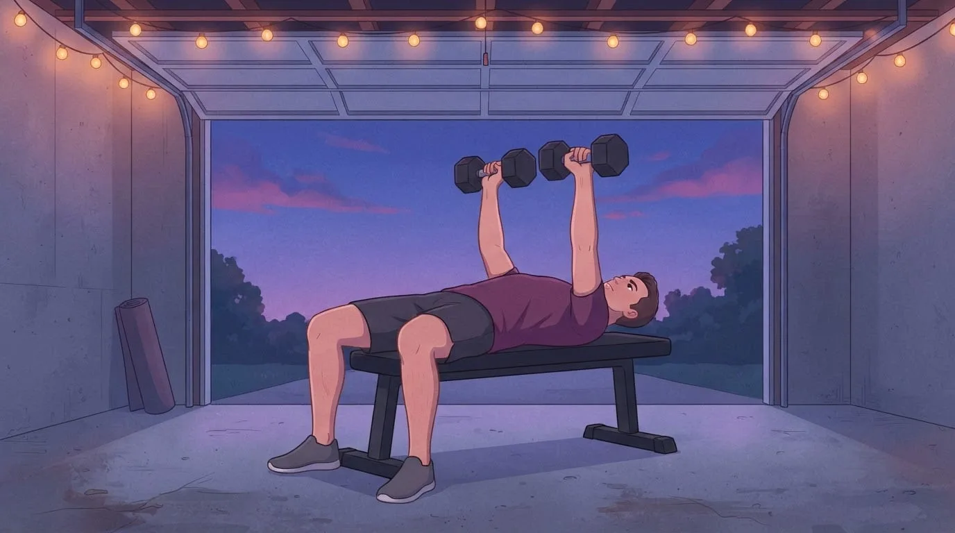 Ein Mann liegt in einem Heim-Fitnessraum in der Garage in der Abenddämmerung auf einer flachen Bank und drückt zwei Kurzhanteln über der Brust, am Brusttag eines Bro-Split-Trainings