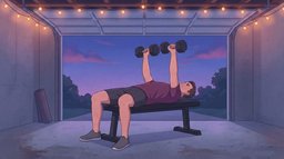 A man lying on a flat bench in a garage home gym at dusk, pressing two dumbbells above his chest on the chest day of a bro split workout
