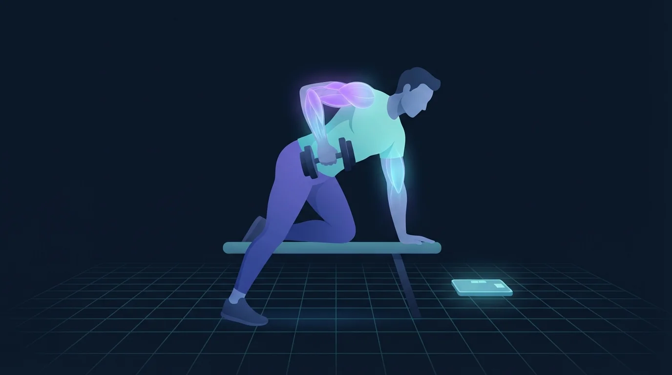 Illustration of an athletic figure mid dumbbell row on a grid floor beside a bathroom scale, with the back, shoulders and arms glowing from inside