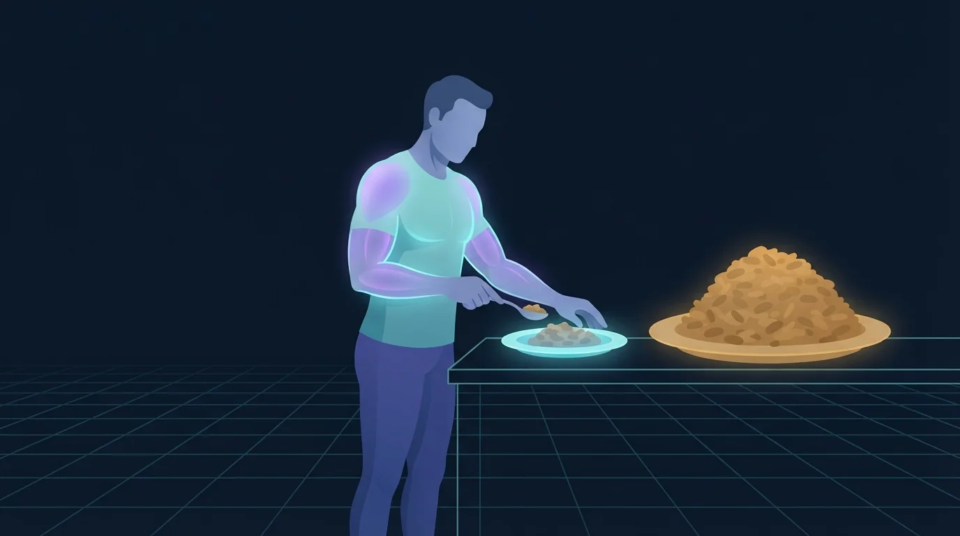 Illustration of an athletic figure at a kitchen counter serving a modest plate of food beside a much larger overloaded plate, with the shoulders, chest and arms glowing faintly