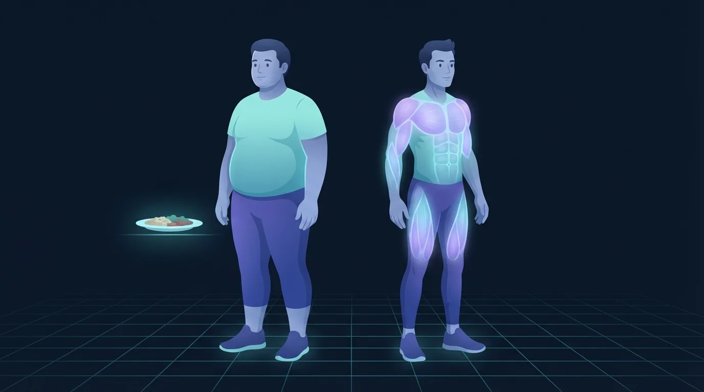 Illustration of two adults of the same height standing side by side on a grid floor, the left one heavier and broader with a dinner plate beside them, the right one leaner with the shoulders, chest and thighs lit from inside