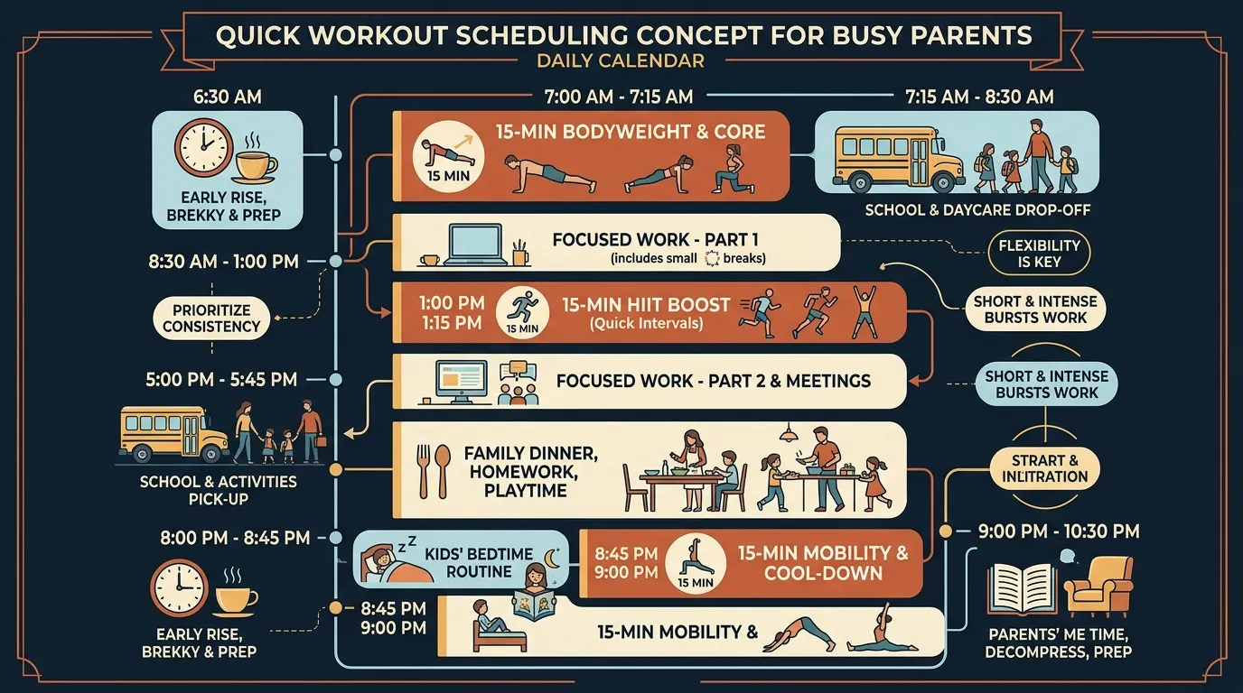 Busy Parent Workout Scheduling — visual guide for the When to Fit It In: The Parent's Scheduling Playbook section