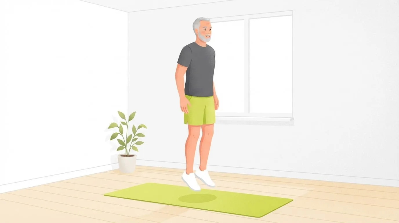 A grey-bearded man in a charcoal t-shirt and lime green shorts in mid-air a few inches above a green exercise mat in a bright living room, doing pogo hops, a springy calf exercise you can do at home