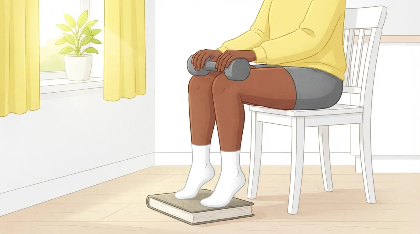 Close-up of a seated woman in a yellow sweatshirt with the balls of her feet on a thick book, heels raised and a plain dumbbell resting across her thighs above the knees, a seated dumbbell calf raise at home