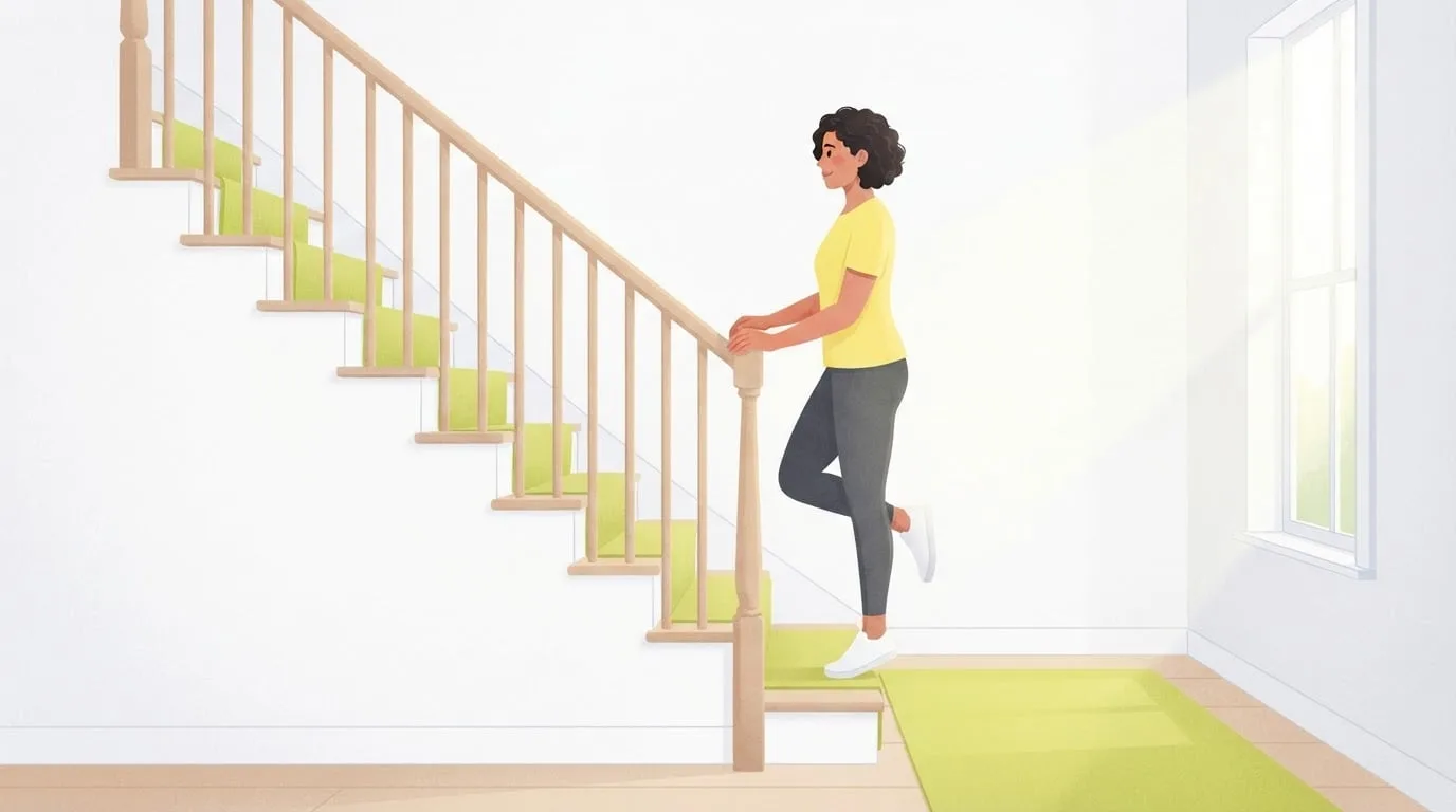 A woman in a yellow t-shirt balancing on one foot on the bottom stair of a sunny hallway, one hand on the banister and the other foot tucked behind her ankle, set up for a single-leg calf raise, one of the best calf exercises at home