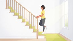 A woman in a yellow t-shirt balancing on one foot on the bottom stair of a sunny hallway, one hand on the banister and the other foot tucked behind her ankle, set up for a single-leg calf raise, one of the best calf exercises at home