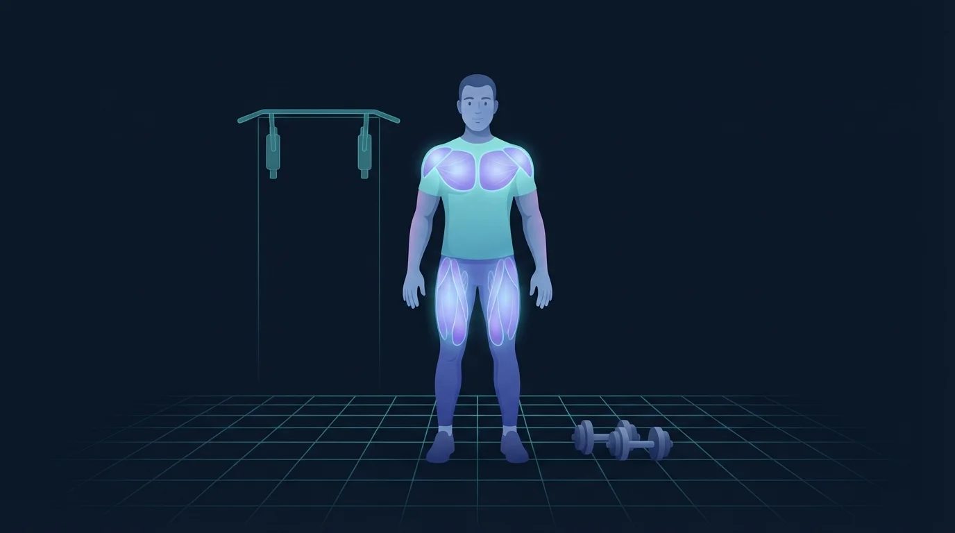 Illustration of a person standing between a doorway pull-up bar mounted on the wall and a pair of dumbbells resting on the floor, chest, back, shoulders and thighs lit up to show a full body plan drawing on both