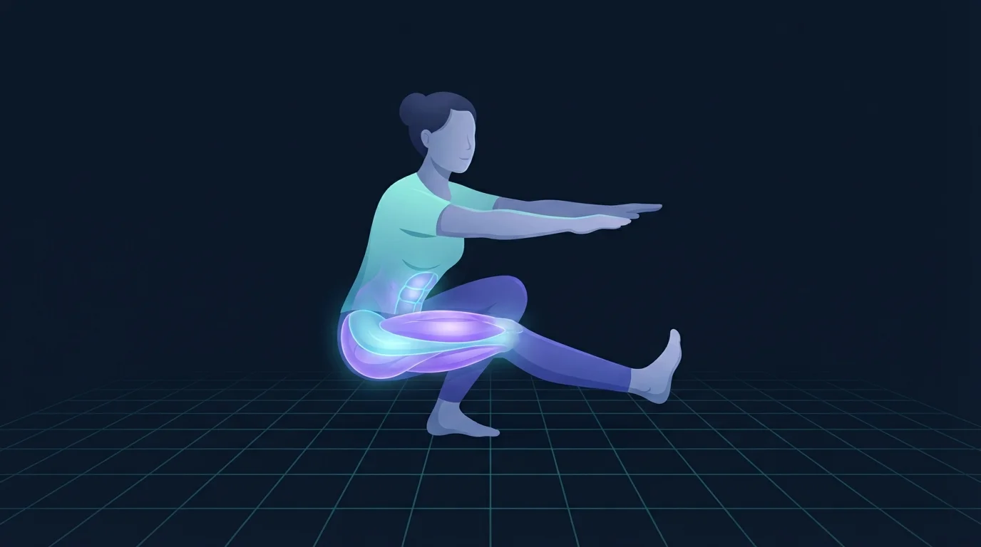 Illustration of a person holding the bottom of a single leg squat with one leg extended straight in front and both arms reached forward for balance, quadriceps and glutes lit up to show the load concentrated on one limb