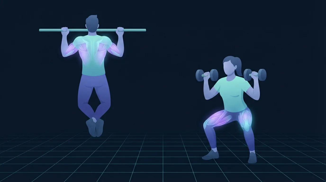 Illustration of two people training side by side, one holding the top of a pull-up on a plain bar with the lats and biceps lit up, the other holding two dumbbells at the shoulders in a deep squat with the quadriceps and glutes lit up
