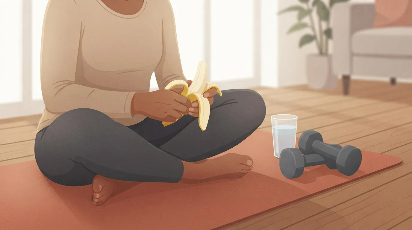 Close-up of a woman sitting cross-legged on a terracotta exercise mat peeling a banana before a home workout, with a pair of dumbbells and a glass of water beside her knee