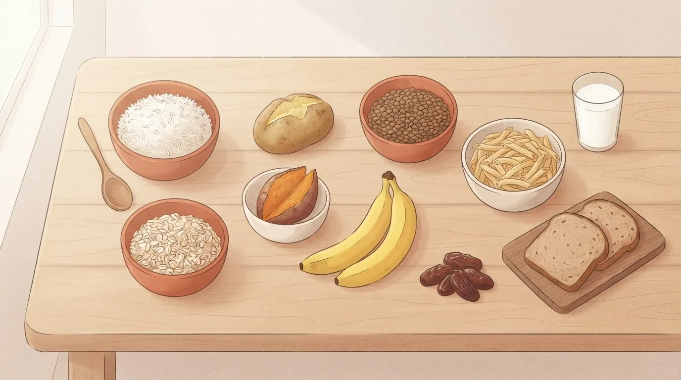 Carbohydrate foods for muscle gain laid out on a sand-coloured wooden table: bowls of white rice, rolled oats, lentils and penne, a baked potato, a halved sweet potato, two bananas, dates, two slices of wholegrain bread and a glass of milk