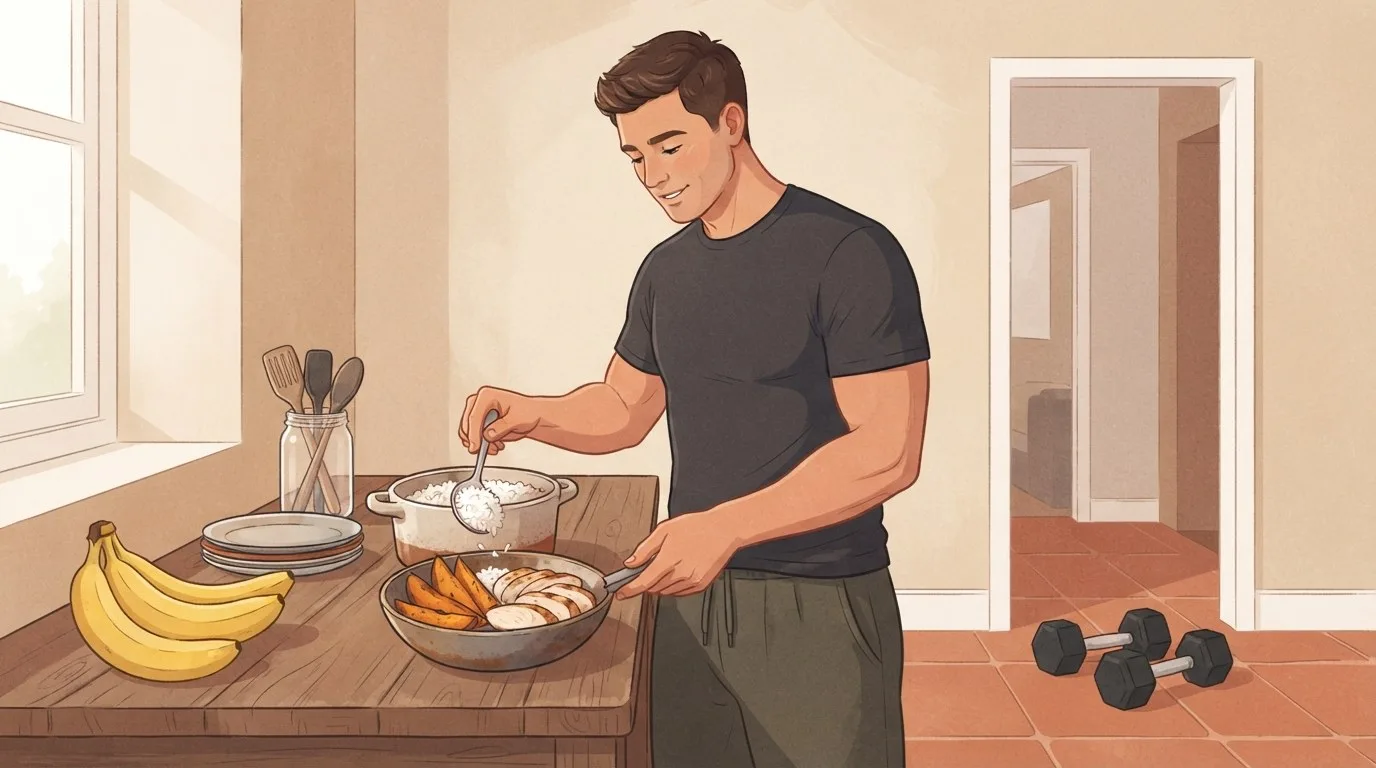 A muscular man in a charcoal t-shirt spooning white rice into a pan of roasted sweet potato and sliced chicken in a warm terracotta-tiled kitchen, with bananas on the counter and a pair of dumbbells on the floor after a home workout