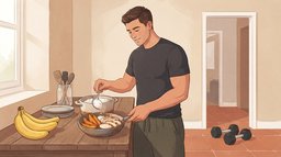 A muscular man in a charcoal t-shirt spooning white rice into a pan of roasted sweet potato and sliced chicken in a warm terracotta-tiled kitchen, with bananas on the counter and a pair of dumbbells on the floor after a home workout