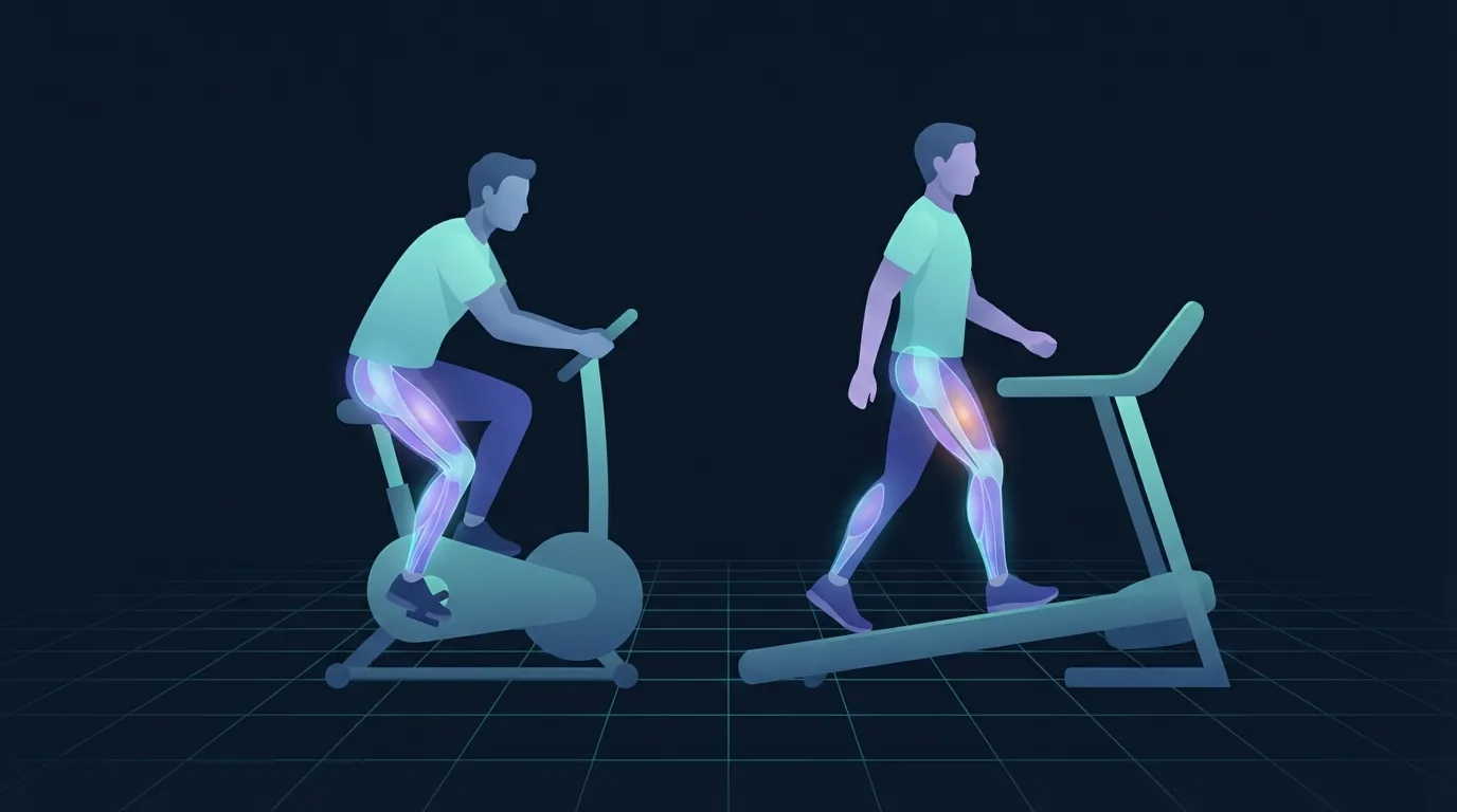 One person cycling and one walking on an inclined treadmill side by side, the quads, calves and glutes glowing on both