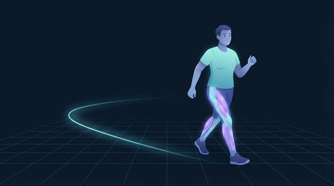 An adult walking briskly with the calves, quads and glutes glowing and a long trail of accumulated distance curving behind them