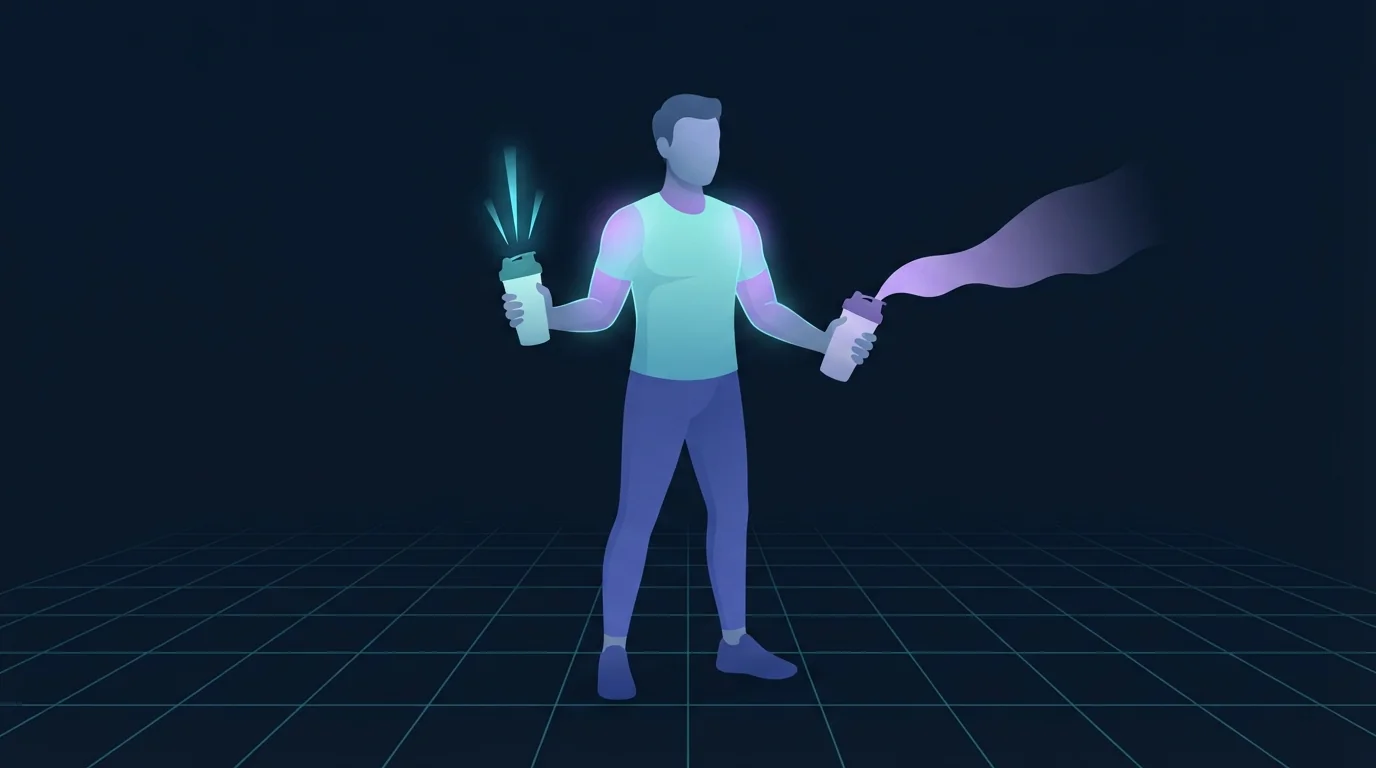 Illustration einer athletischen Figur mit einer schlichten Shaker-Flasche in jeder Hand, eine wirft einen kurzen hellen Lichtblitz nach oben, die andere zieht eine lange, langsame Lichtspur, Rumpf und Arme schwach beleuchtet