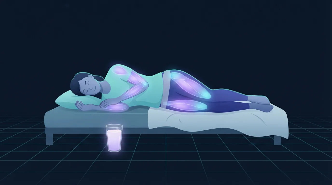 Illustration einer Person, die seitlich auf einem niedrigen Bett schläft, mit einem schlichten Glas eines dickflüssigen, blassen Getränks auf dem Boden daneben, das violett leuchtet, und sanftem violettem Licht, das durch Schultern, Rücken und Oberschenkel läuft