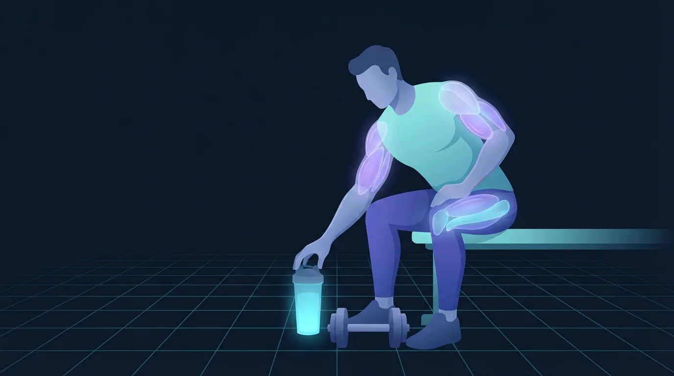 Illustration einer Person, die nach einem Satz auf einer Bank sitzt, mit einer Kurzhantel auf dem Boden daneben, und nach einer schlichten Shaker-Flasche greift, die cyanfarben leuchtet, mit von innen beleuchteten Bizeps, Schultern und Quadrizeps