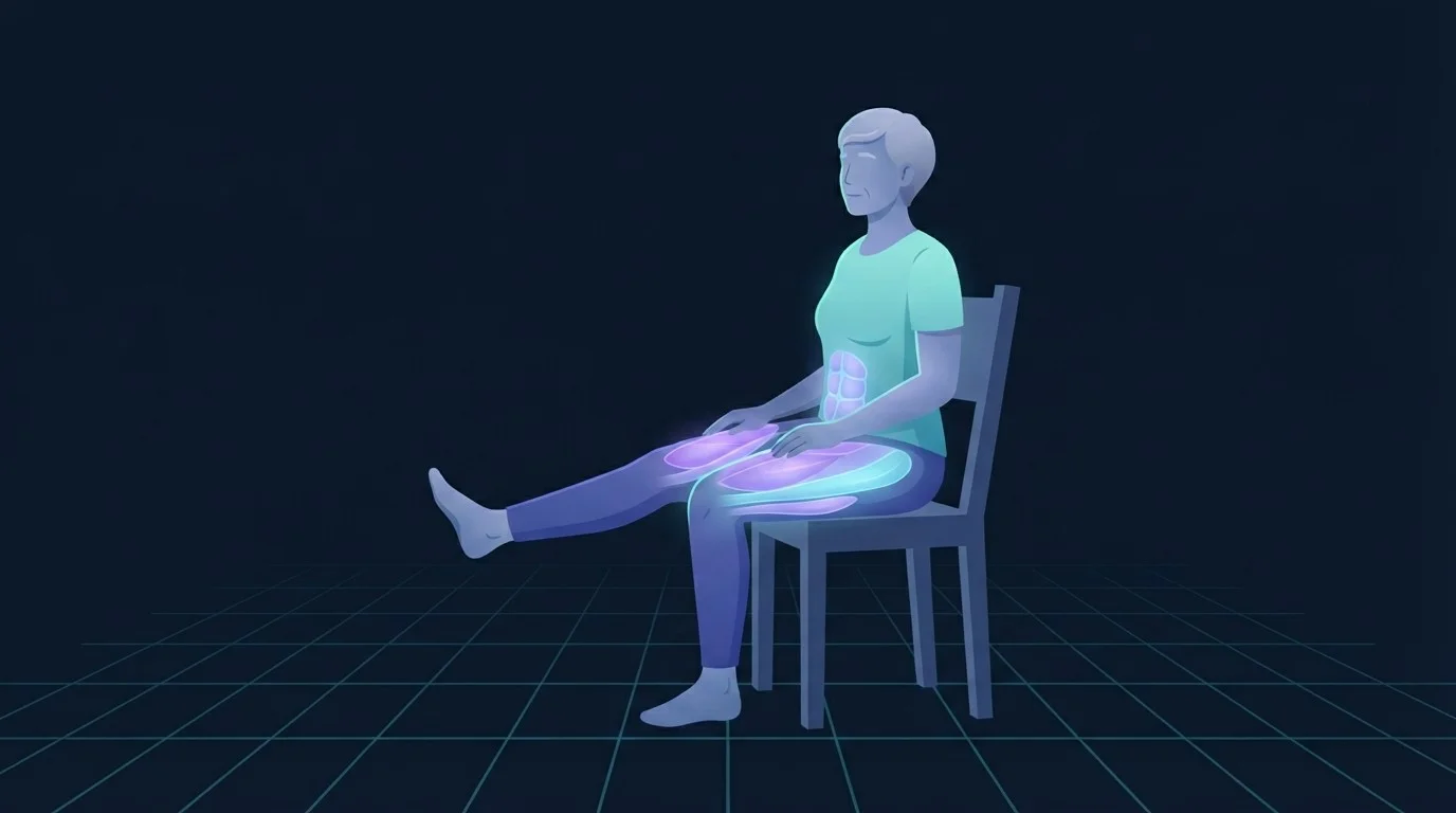 Una persona mayor sentada erguida en una silla sin brazos extendiendo una pierna recta hacia adelante con el cuádriceps de trabajo resaltado, la posición inicial de los ejercicios de silla para personas mayores