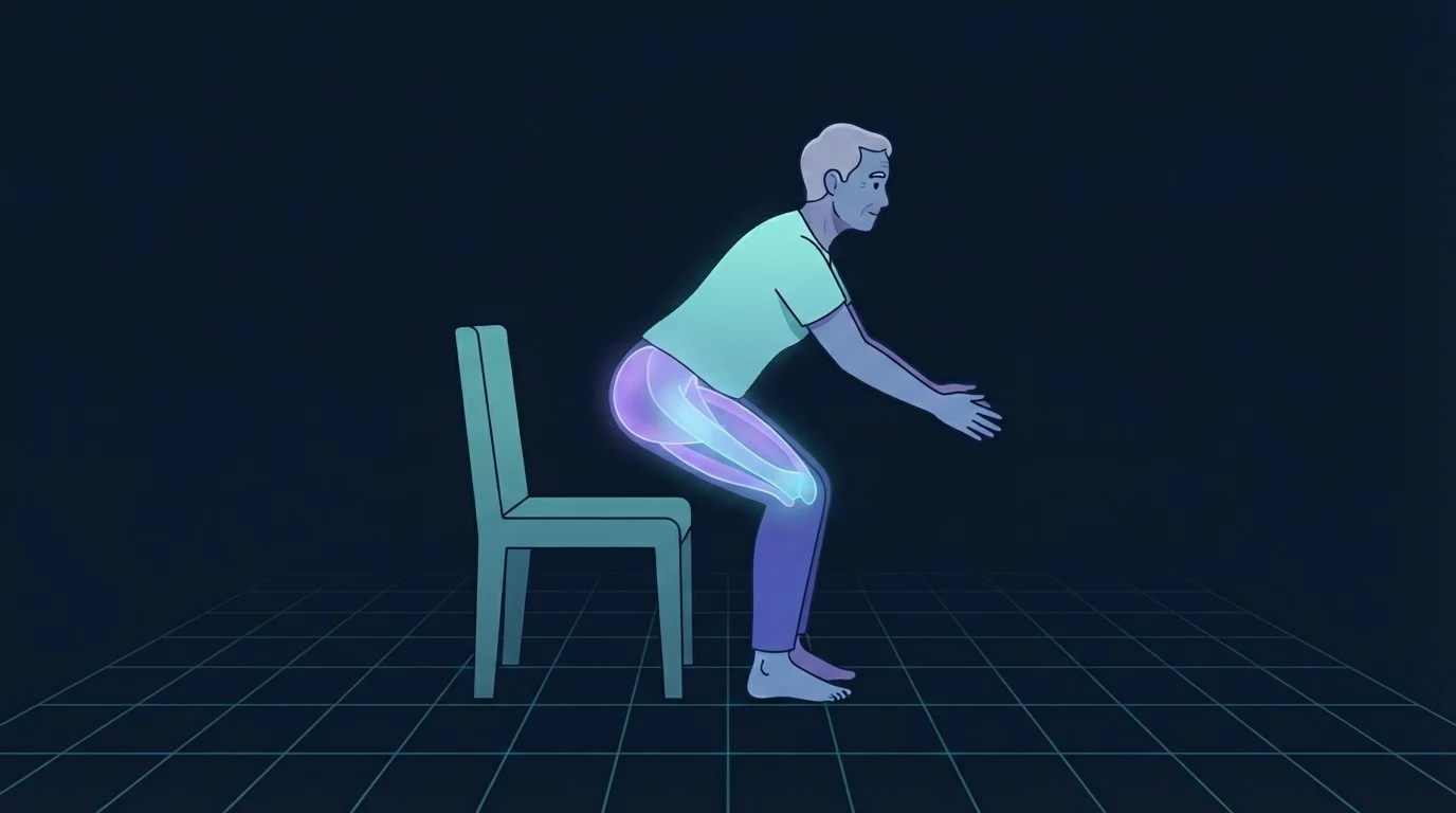 Vista lateral de una persona mayor levantándose de una silla con el torso inclinado hacia adelante y los glúteos, cuádriceps e isquiotibiales resaltados, el movimiento clave de fuerza en una rutina de ejercicios de silla para personas mayores