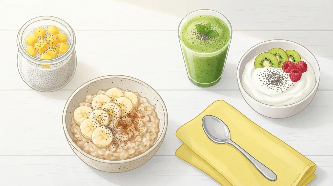 Vista cenital de cuatro formas de comer semillas de chía sobre una mesa blanca: pudín de chía con mango, avena con plátano y chía, un licuado verde con chía y yogur con kiwi, frambuesas y chía
