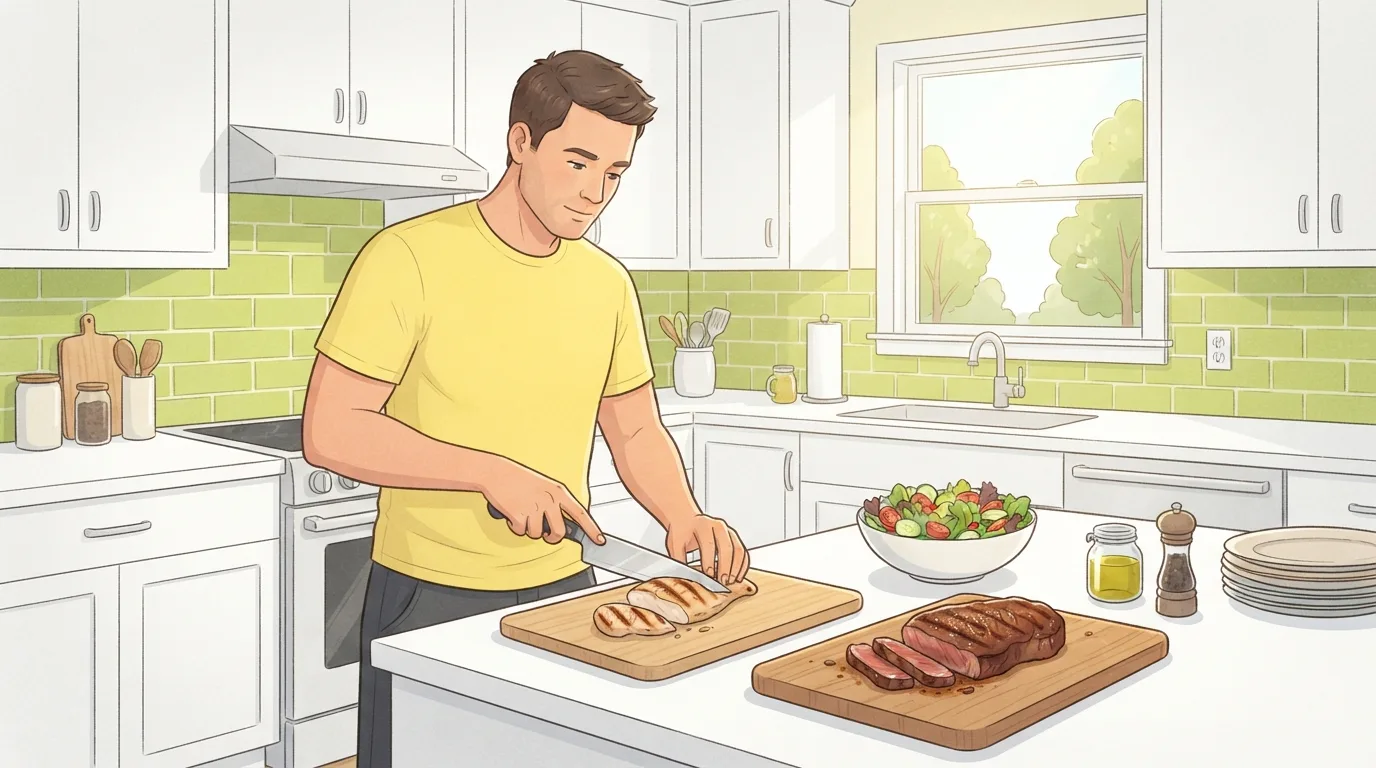 Ein Mann im gelben T-Shirt schneidet in einer hellen Küche mit limettengrünen Fliesen eine gegrillte Hähnchenbrust auf einem Holzbrett auf, daneben auf einem zweiten Brett ein in Scheiben geschnittenes angebratenes Steak und eine Schüssel Salat auf der Arbeitsplatte