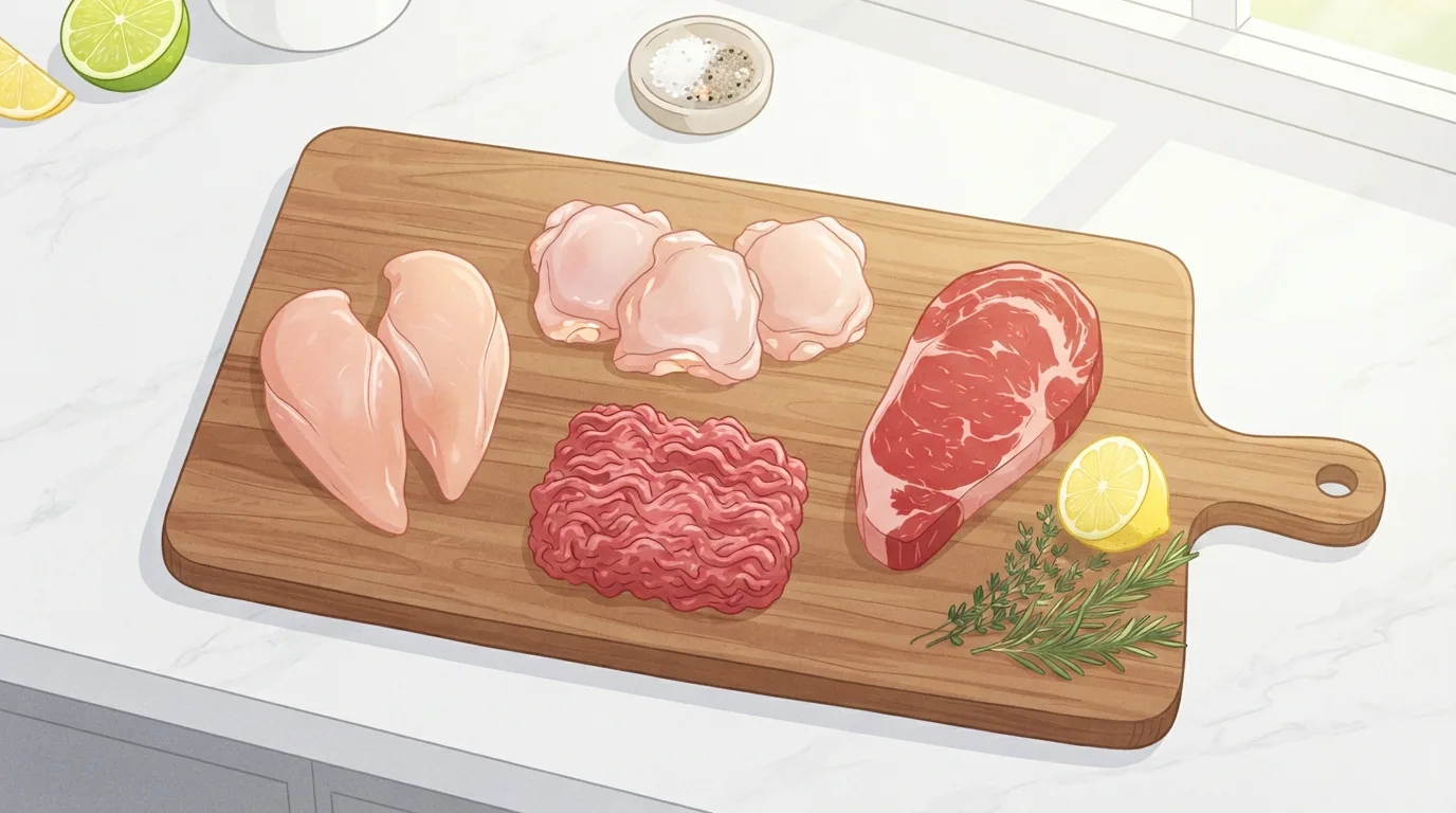 Draufsicht auf ein Holzbrett auf einer weißen Marmorarbeitsplatte mit zwei rohen Hähnchenbrüsten ohne Haut, drei rohen knochenlosen Hähnchenschenkeln, einem Haufen rohem Rinderhack und einem Sirloin-Steak, dazu Zitrone, Limette, Kräuter und eine Schale Salz und Pfeffer