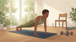 A woman in a moss green tank top doing a push-up on an exercise mat in a bright living room with plants, a wooden chair and a pair of dumbbells set out nearby as the next stations of her circuit training at home