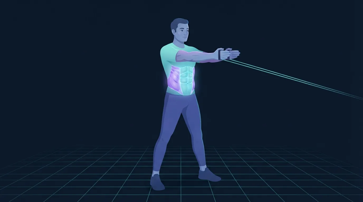 Uma pessoa em pé de frente com as duas mãos empurrando a partir do peito contra um elástico esticado que puxa de um lado, com os oblíquos e a parede abdominal profunda iluminados
