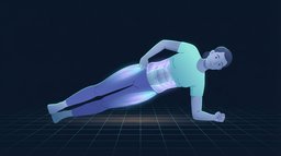 A person holding a side plank in a straight line from ankles to head with the obliques, deep abdominal wall and side of the hip glowing