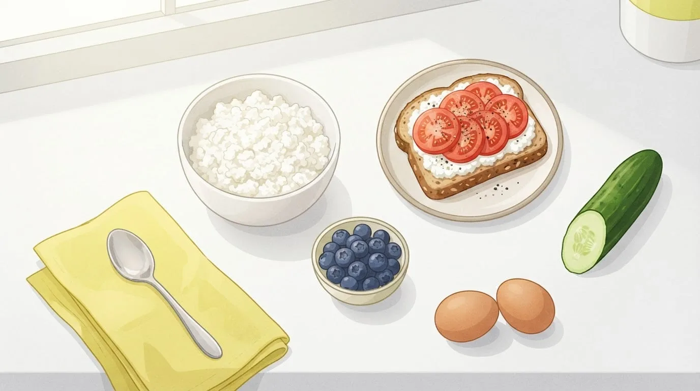 Vue de dessus de façons simples de manger du fromage cottage pour perdre du poids sur un plan de travail blanc : un bol de fromage cottage, une tartine de pain complet garnie de fromage cottage et de rondelles de tomate, un petit bol de myrtilles, un demi-concombre, deux œufs bruns et une serviette jaune avec une cuillère