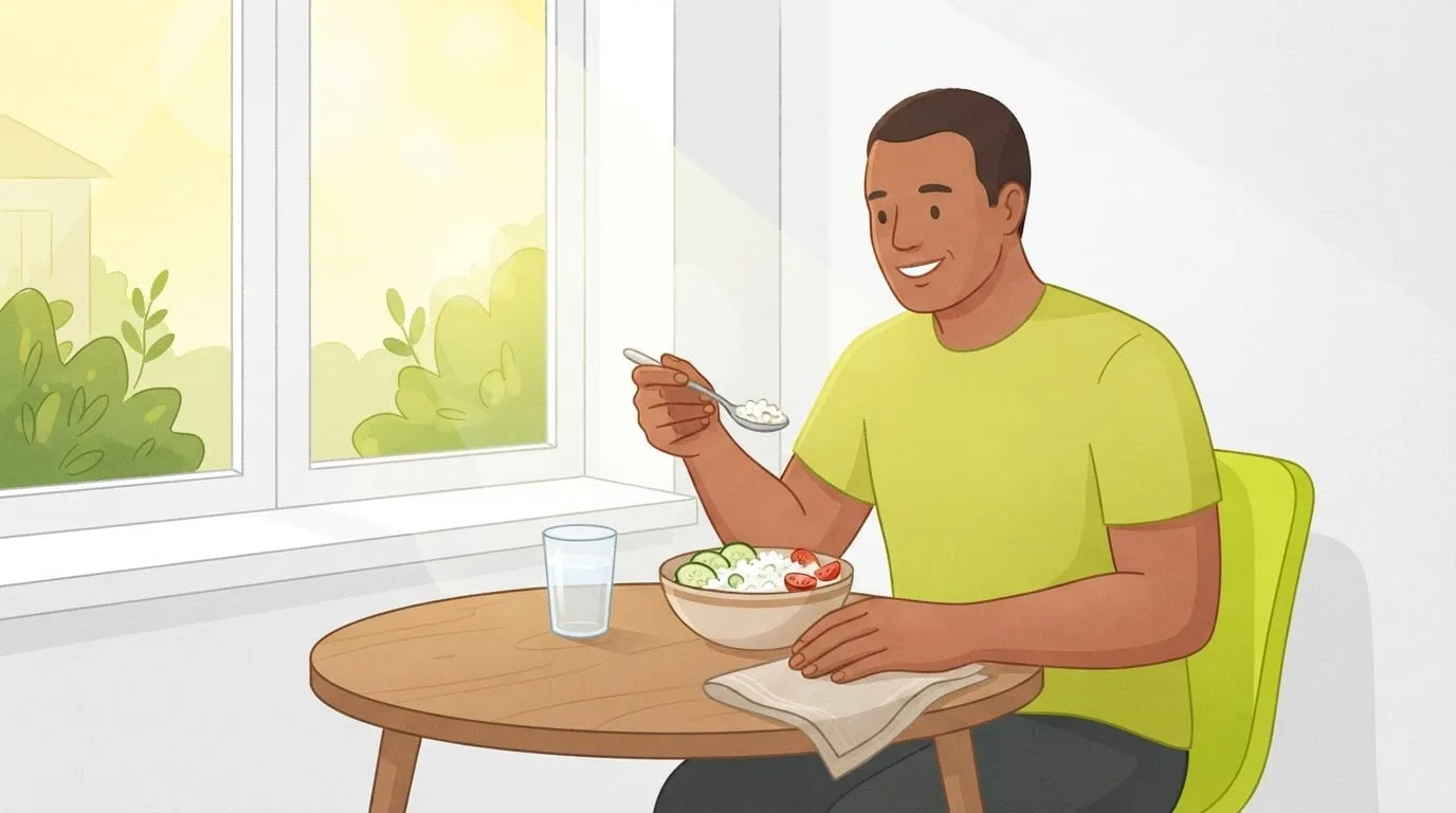 Un homme souriant en t-shirt vert citron mangeant un bol de fromage cottage avec du concombre en rondelles et des tomates cerises à une petite table de cuisine près d'une fenêtre lumineuse, un verre d'eau à côté de lui