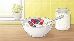 A white bowl of low-fat cottage cheese topped with raspberries, blueberries and strawberry slices on a sunny kitchen counter with lemon-yellow tiles, a glass jar of cottage cheese beside it, a high-protein breakfast for weight loss