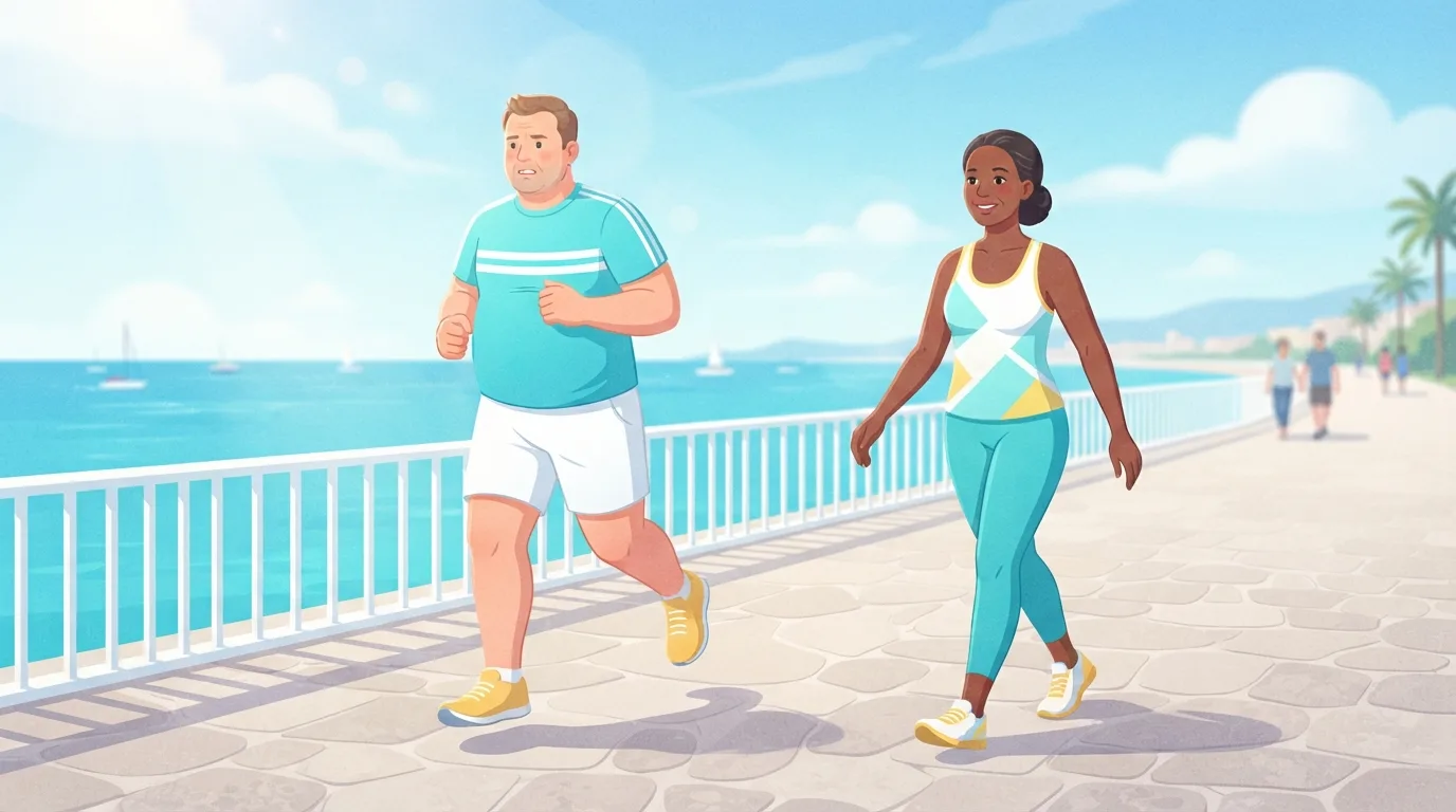 Deux débutants sur une promenade lumineuse en bord de mer en plein midi, un homme trotte à gauche tandis qu'une femme marche d'un pas vif un pas derrière lui, un intervalle course-marche des premières semaines d'un plan de course 10 km
