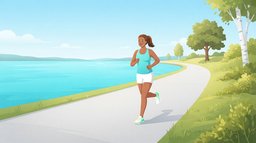 A woman running alone along a sunny lakeside path that curves into the distance beside turquoise water, the kind of easy long run a couch to 10K plan builds toward