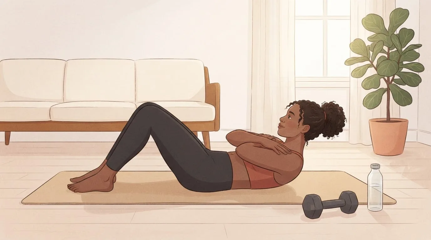 A woman in a terracotta top does crunches on a mat in a sunlit living room, her shoulders just off the floor and her lower back down, with a dumbbell and a water bottle beside the mat