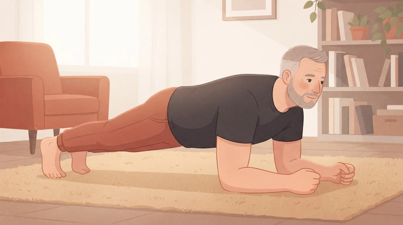 A man in his fifties in a charcoal t-shirt holds a forearm plank on a sand-colored rug in a living room with soft window light, his body in a straight line from head to heels