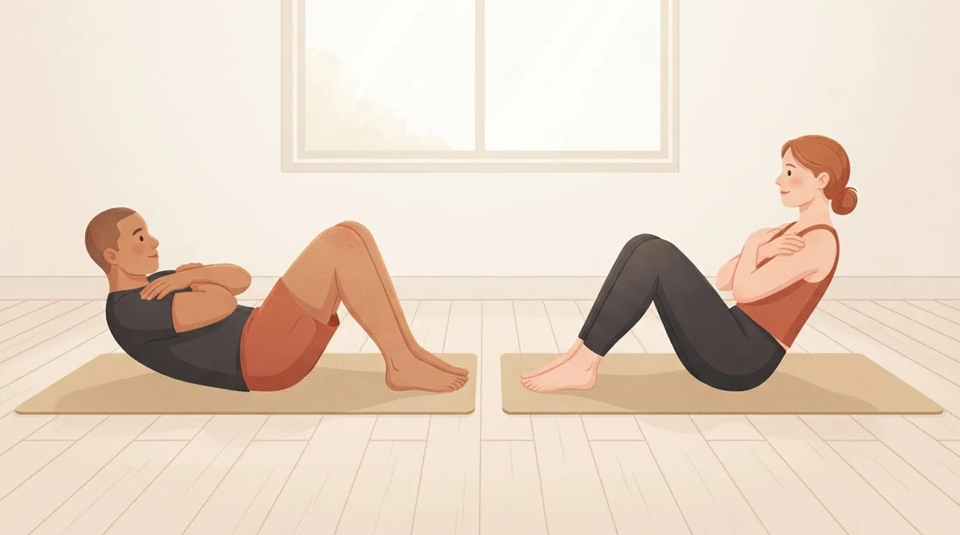 Crunches vs sit ups side by side on two mats in a bright studio: a man on the left curls his shoulders just off the floor in a crunch while a woman on the right has sat all the way up with her torso upright