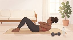 A woman in a terracotta top does crunches on a mat in a sunlit living room, her shoulders just off the floor and her lower back down, with a dumbbell and a water bottle beside the mat