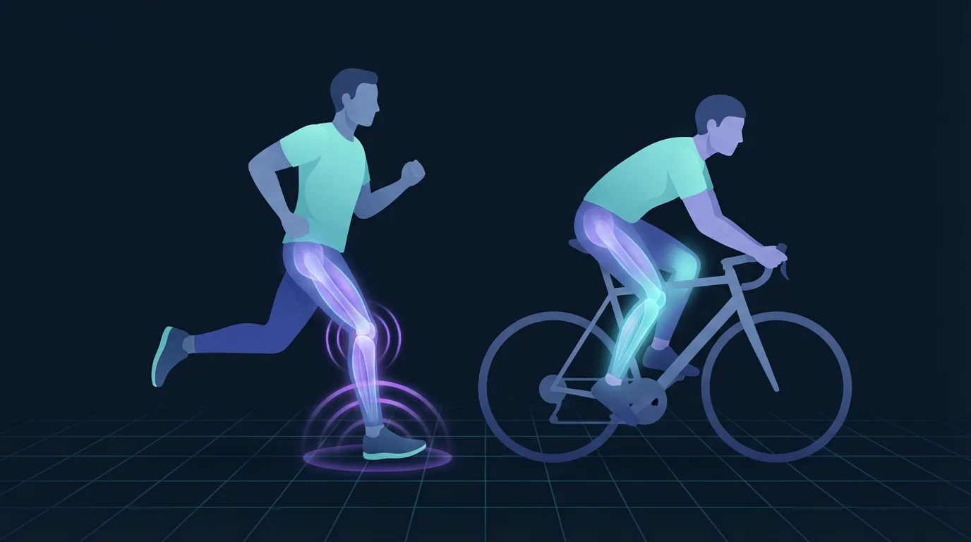 Illustration contrasting a runner at the instant of footstrike with a violet shockwave rippling up through the shin, knee and hip, against a seated cyclist whose pedalling legs carry only a smooth even cyan glow
