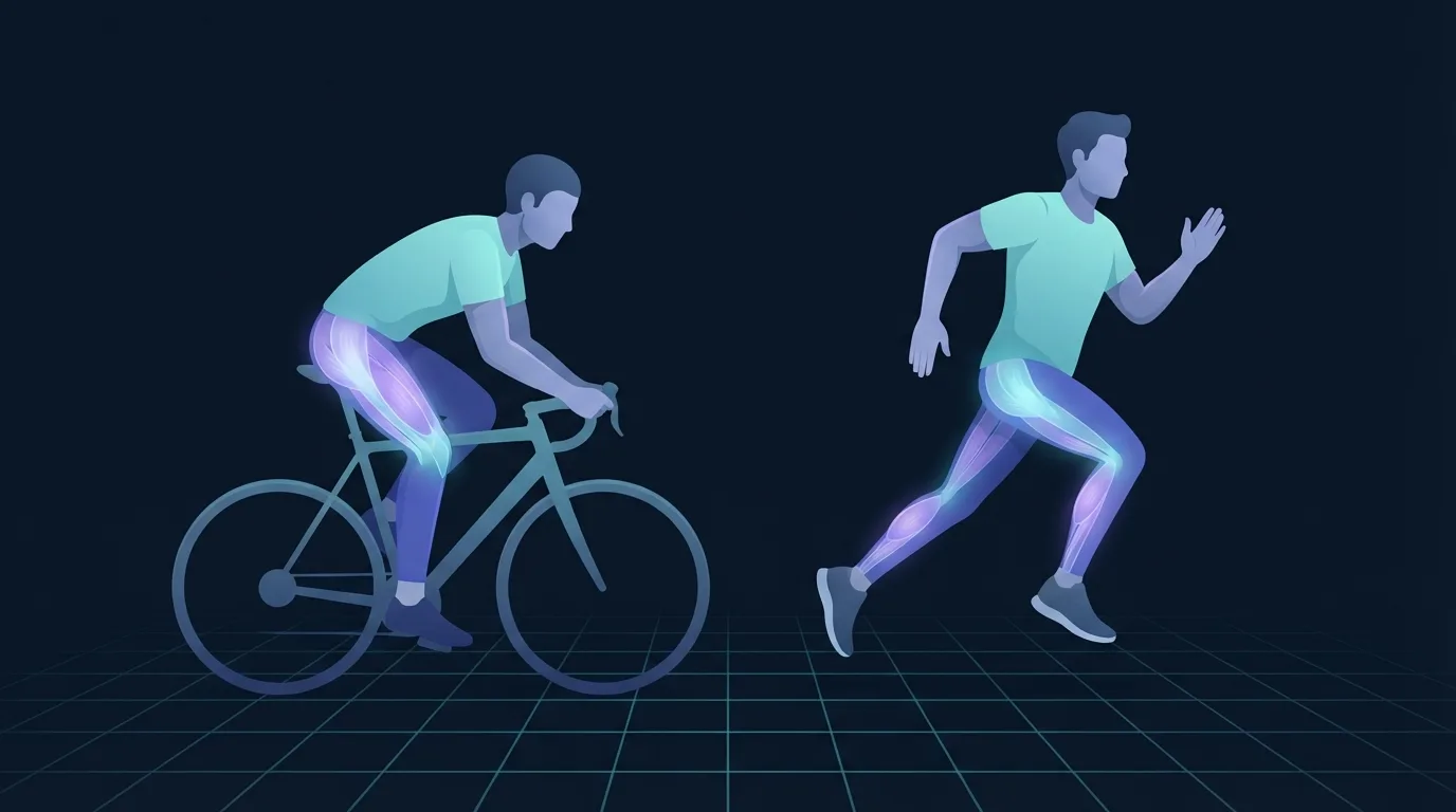 Illustration comparing cycling and running: a seated rider leaning over the handlebars with the quadriceps and glutes lit up, beside a runner mid-stride with one foot clear of the ground and the calves, hamstrings and glutes lit up