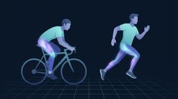 Illustration comparing cycling and running: a seated rider leaning over the handlebars with the quadriceps and glutes lit up, beside a runner mid-stride with one foot clear of the ground and the calves, hamstrings and glutes lit up